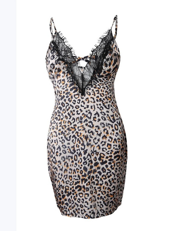 Moteriški gepardo rašto naktiniai rūbai su spagečių juostele, nėriniai