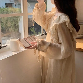 Κομψό νυχτικό με δαντέλα Πυζά Γυναικεία κορεάτικα βολάν Νυχτερινό φόρεμα μονοκόμματη πιτζάμες άνοιξη μακρυμάνικο μονόχρωμο σπίτι