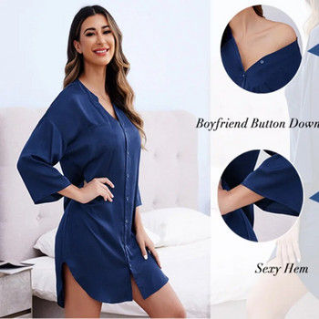 Γυναικείες σέξι πιτζάμες Ζακέτα μονόστορο πουκάμισο με πέτο Νυχτικό Σατέν μεταξωτές πιτζάμες για γυναικείες νυχτερινές 3XL Plus Size Home
