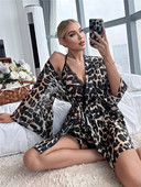 Vasarinis moteriškas pižamos rinkinys leopardo trimito rankovėmis su diržu tinklinis chalatas ir naktinis marškinėliai be nugarų