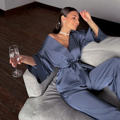 Μονόχρωμα Sleepwear Loose Flare Home Παντελόνι Σετ Σατέν Ρόμπα με Τρία Τέταρτα Μανίκια Μπουρνούζι Γυναικεία Πυτζάμα Μόδα Άνοιξη 2021