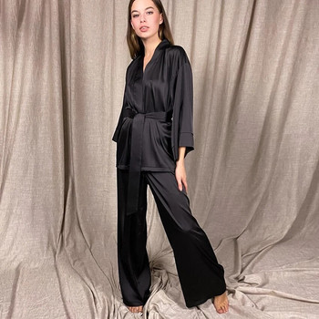 Μονόχρωμα Sleepwear Loose Flare Home Παντελόνι Σετ Σατέν Ρόμπα με Τρία Τέταρτα Μανίκια Μπουρνούζι Γυναικεία Πυτζάμα Μόδα Άνοιξη 2021