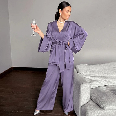 Μονόχρωμα Sleepwear Loose Flare Home Παντελόνι Σετ Σατέν Ρόμπα με Τρία Τέταρτα Μανίκια Μπουρνούζι Γυναικεία Πυτζάμα Μόδα Άνοιξη 2021