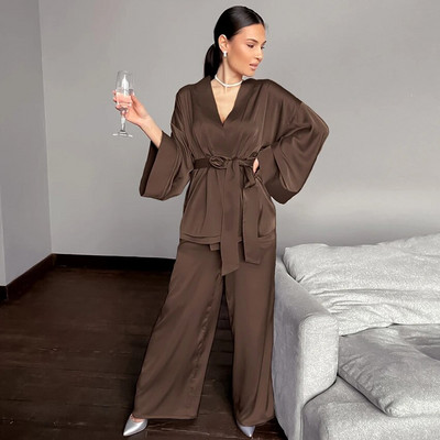 Μονόχρωμα Sleepwear Loose Flare Home Παντελόνι Σετ Σατέν Ρόμπα με Τρία Τέταρτα Μανίκια Μπουρνούζι Γυναικεία Πυτζάμα Μόδα Άνοιξη 2021