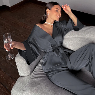 Μονόχρωμα Sleepwear Loose Flare Home Παντελόνι Σετ Σατέν Ρόμπα με Τρία Τέταρτα Μανίκια Μπουρνούζι Γυναικεία Πυτζάμα Μόδα Άνοιξη 2021