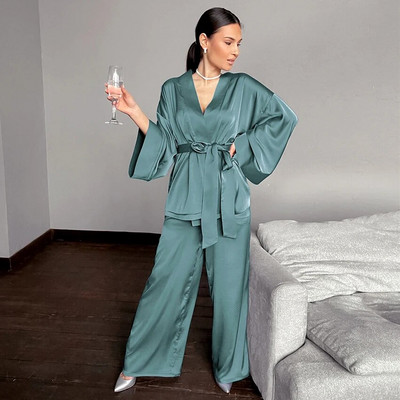 Μονόχρωμα Sleepwear Loose Flare Home Παντελόνι Σετ Σατέν Ρόμπα με Τρία Τέταρτα Μανίκια Μπουρνούζι Γυναικεία Πυτζάμα Μόδα Άνοιξη 2021