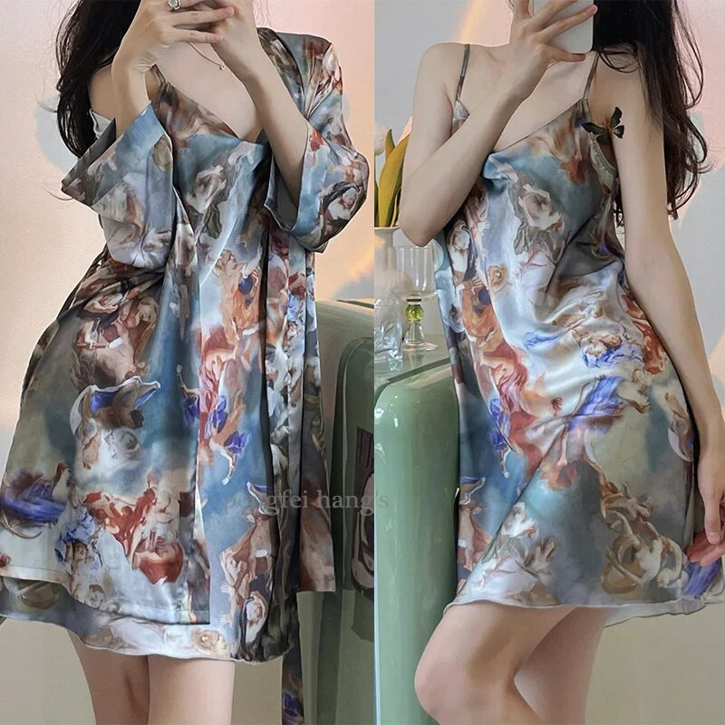 Satininiai chalatai moterims Seksuali sūpuoklinė apykakle miegui skirta naktinių marškinių chalatų komplektas Moteriška naktinė suknelė laisva kimono chalatas