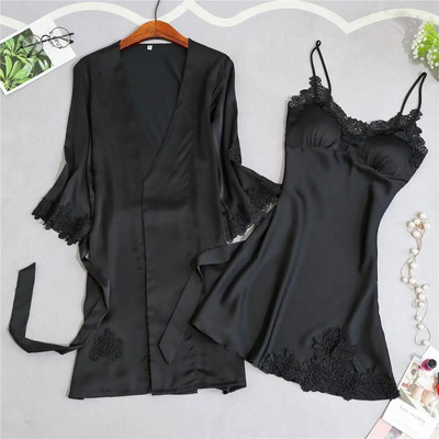 Ρόμπες Σετ Γυναικείο Καλοκαιρινό Δαντέλα Μεταξωτό Φόρεμα Ελεύθερο Κομψό 2τμχ Σαλόνι ύπνου Ρόμπα Πυζά Γυναικείο Νυχτικό Μαλακό Μπουρνούζι Νέο