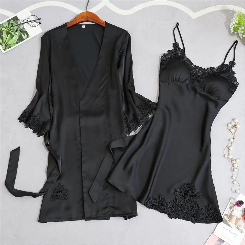 Ρόμπες Σετ Γυναικείο Καλοκαιρινό Δαντέλα Μεταξωτό Φόρεμα Ελεύθερο Κομψό 2τμχ Σαλόνι ύπνου Ρόμπα Πυζά Γυναικείο Νυχτικό Μαλακό Μπουρνούζι Νέο