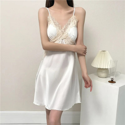 Patchwork Lace Suspender Öösärk Seksikas Naiste Öö & Rüü komplekt Öösärk avar hommikumantel Pesu Kevadsuvi Satiinist magamisriided