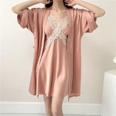 Patchwork Lace Suspender Öösärk Seksikas Naiste Öö & Rüü komplekt Öösärk avar hommikumantel Pesu Kevadsuvi Satiinist magamisriided