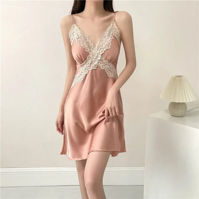 Patchwork Lace Suspender Öösärk Seksikas Naiste Öö & Rüü komplekt Öösärk avar hommikumantel Pesu Kevadsuvi Satiinist magamisriided