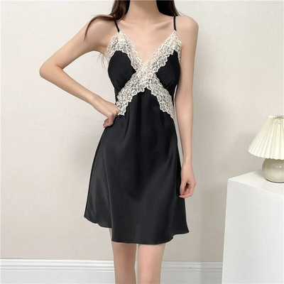 Patchwork Lace Suspender Öösärk Seksikas Naiste Öö & Rüü komplekt Öösärk avar hommikumantel Pesu Kevadsuvi Satiinist magamisriided