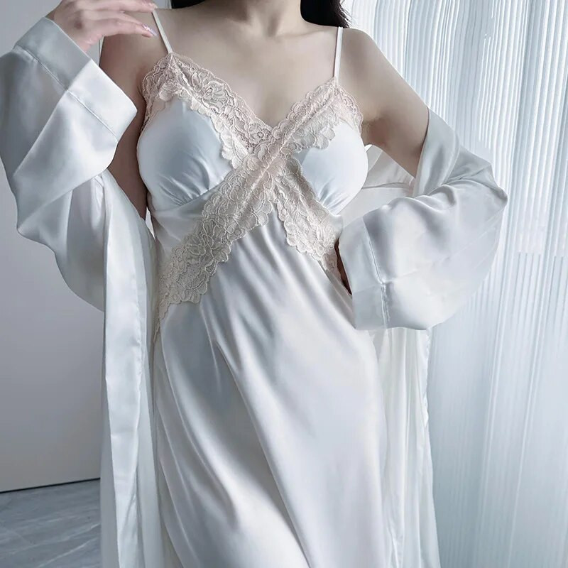 Patchwork Lace Suspender Öösärk Seksikas Naiste Öö & Rüü komplekt Öösärk avar hommikumantel Pesu Kevadsuvi Satiinist magamisriided