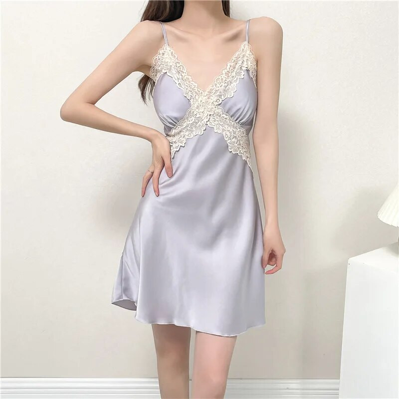Patchwork Lace Suspender Öösärk Seksikas Naiste Öö & Rüü komplekt Öösärk avar hommikumantel Pesu Kevadsuvi Satiinist magamisriided