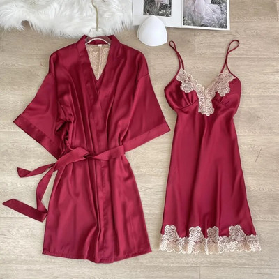 Magamisriided Seksikas, pitsiga kaunistatud pulmamantel Öökleit, uus naiste kimono hommikumantel, kaheosaline komplekt Kevadsuvi vabaaja kodukleit