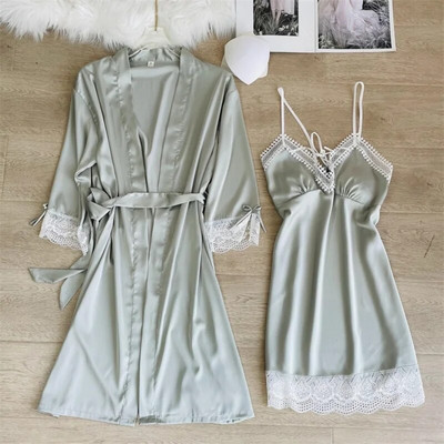 Magamisriided Seksikas, pitsiga kaunistatud pulmamantel Öökleit, uus naiste kimono hommikumantel, kaheosaline komplekt Kevadsuvi vabaaja kodukleit