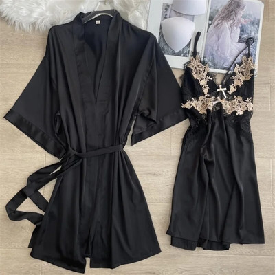 Magamisriided Seksikas, pitsiga kaunistatud pulmamantel Öökleit, uus naiste kimono hommikumantel, kaheosaline komplekt Kevadsuvi vabaaja kodukleit