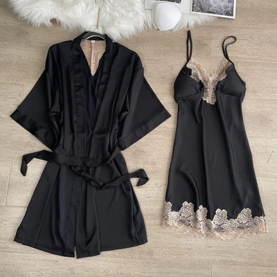 Magamisriided Seksikas, pitsiga kaunistatud pulmamantel Öökleit, uus naiste kimono hommikumantel, kaheosaline komplekt Kevadsuvi vabaaja kodukleit