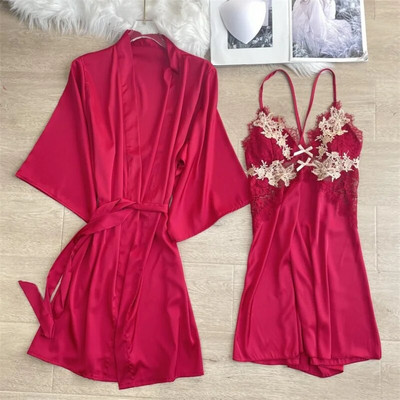 Magamisriided Seksikas, pitsiga kaunistatud pulmamantel Öökleit, uus naiste kimono hommikumantel, kaheosaline komplekt Kevadsuvi vabaaja kodukleit