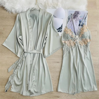 Magamisriided Seksikas, pitsiga kaunistatud pulmamantel Öökleit, uus naiste kimono hommikumantel, kaheosaline komplekt Kevadsuvi vabaaja kodukleit