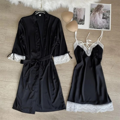 Magamisriided Seksikas, pitsiga kaunistatud pulmamantel Öökleit, uus naiste kimono hommikumantel, kaheosaline komplekt Kevadsuvi vabaaja kodukleit