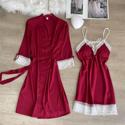Magamisriided Seksikas, pitsiga kaunistatud pulmamantel Öökleit, uus naiste kimono hommikumantel, kaheosaline komplekt Kevadsuvi vabaaja kodukleit