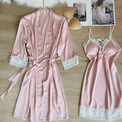 Magamisriided Seksikas, pitsiga kaunistatud pulmamantel Öökleit, uus naiste kimono hommikumantel, kaheosaline komplekt Kevadsuvi vabaaja kodukleit