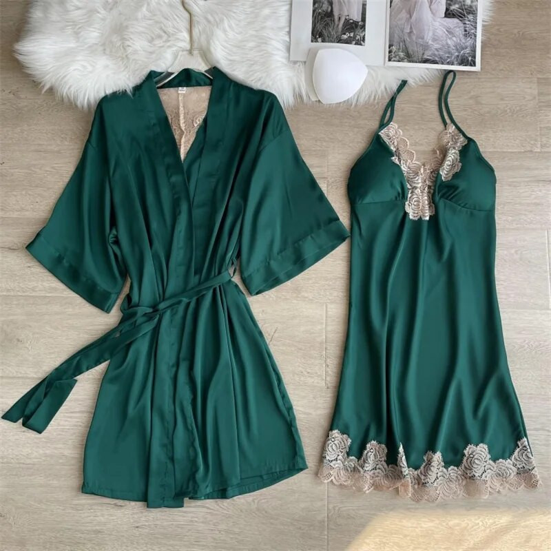 Magamisriided Seksikas, pitsiga kaunistatud pulmamantel Öökleit, uus naiste kimono hommikumantel, kaheosaline komplekt Kevadsuvi vabaaja kodukleit