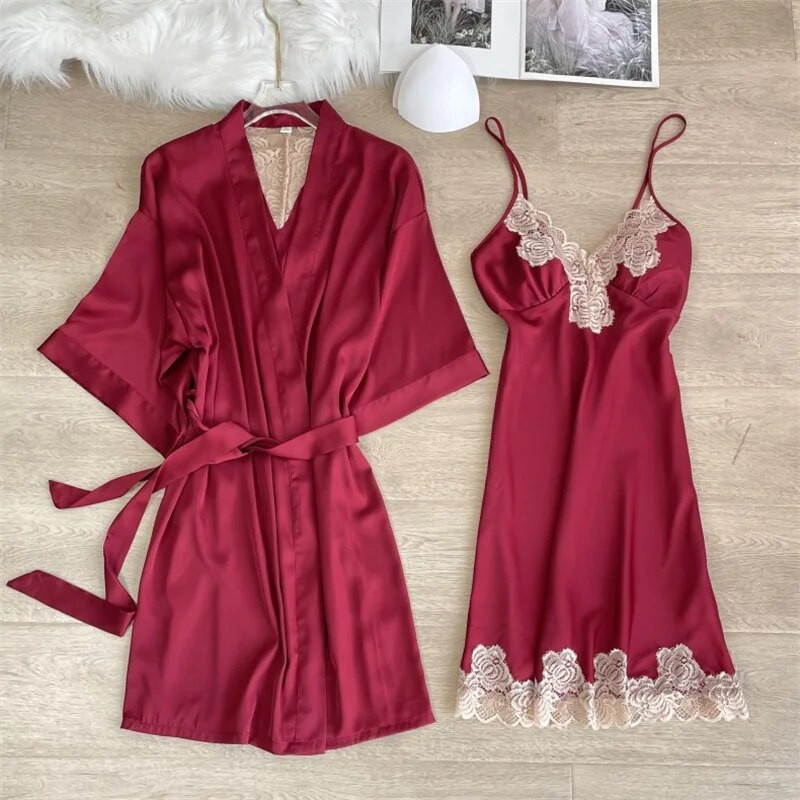 Magamisriided Seksikas, pitsiga kaunistatud pulmamantel Öökleit, uus naiste kimono hommikumantel, kaheosaline komplekt Kevadsuvi vabaaja kodukleit