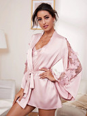 Seksikas sügav V-satiinpitsist pidžaama seljataga kiusatusega öösärgi mantel kaheosaline koduteeninduse ülikond