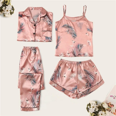 Seturi de pijamale pentru femei Lenjerie de dormit din satin Matase 4 piese Lenjerie de noapte Pijama cu bretele Dantela Pijama pentru dormitor cu tampoane pentru piept