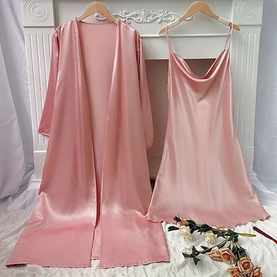 Set halat de baie lung kimono pentru femei Cămașă de noapte din satin Rochie de noapte sexy cu imprimeu Cămașă de noapte Robe de baie pentru doamnă Rochie nouă