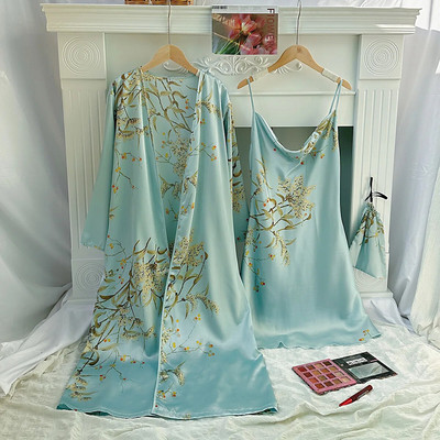 Γυναικείο μακρύ σετ μπουρνούζι κιμονό Σατέν νυχτικό Σέξι νυχτερινό φόρεμα με τύπωμα Chemise Γυναικεία μπουρνούζια μπάνιου Νέα ρόμπα