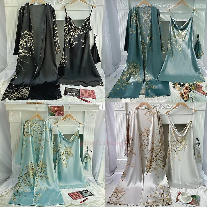 Γυναικείο μακρύ σετ μπουρνούζι κιμονό Σατέν νυχτικό Σέξι νυχτερινό φόρεμα με τύπωμα Chemise Γυναικεία μπουρνούζια μπάνιου Νέα ρόμπα