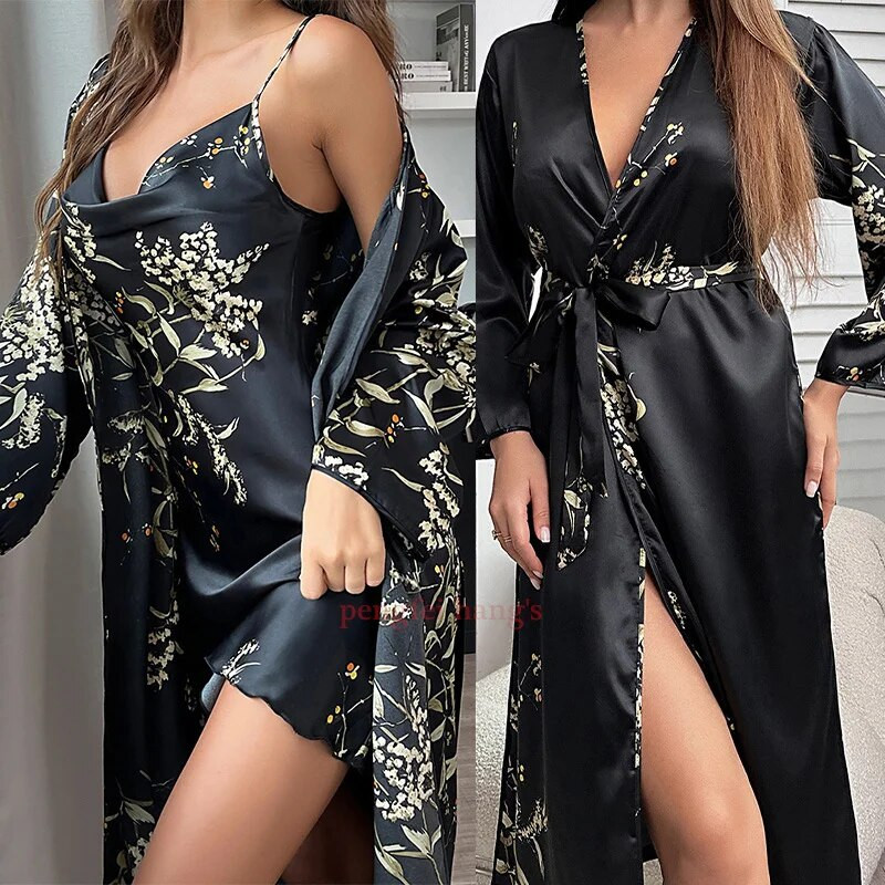 Γυναικείο μακρύ σετ μπουρνούζι κιμονό Σατέν νυχτικό Σέξι νυχτερινό φόρεμα με τύπωμα Chemise Γυναικεία μπουρνούζια μπάνιου Νέα ρόμπα