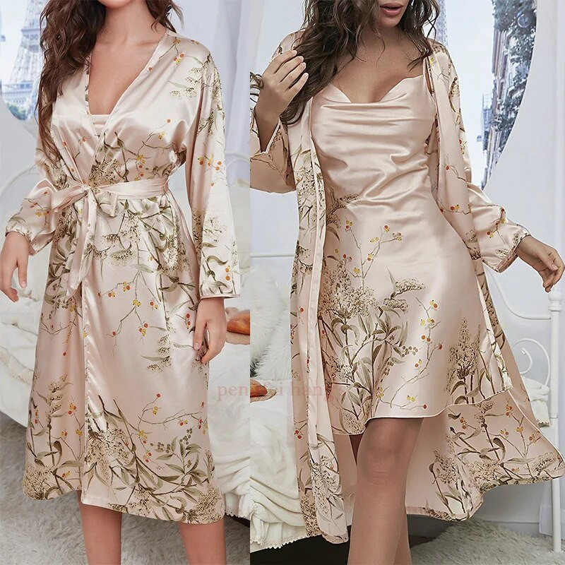 Γυναικείο μακρύ σετ μπουρνούζι κιμονό Σατέν νυχτικό Σέξι νυχτερινό φόρεμα με τύπωμα Chemise Γυναικεία μπουρνούζια μπάνιου Νέα ρόμπα
