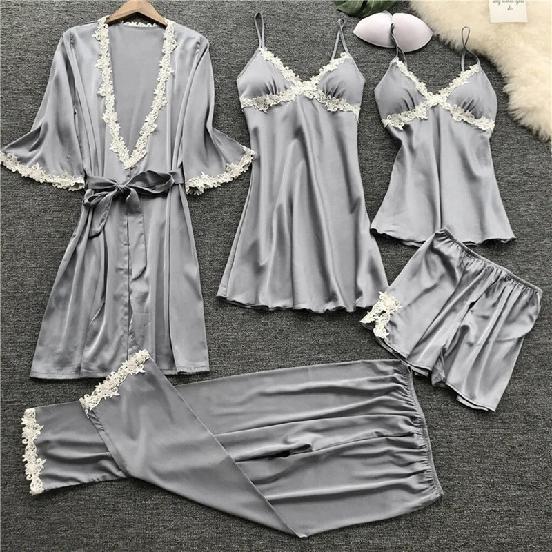 Moteriški chalatų rinkiniai Seksualūs satininiai šilko pižamos nėriniuoti naktiniai drabužiai Babydoll Sleepdress Plus Size Pižamos 5 dalių rinkiniai пижама женская