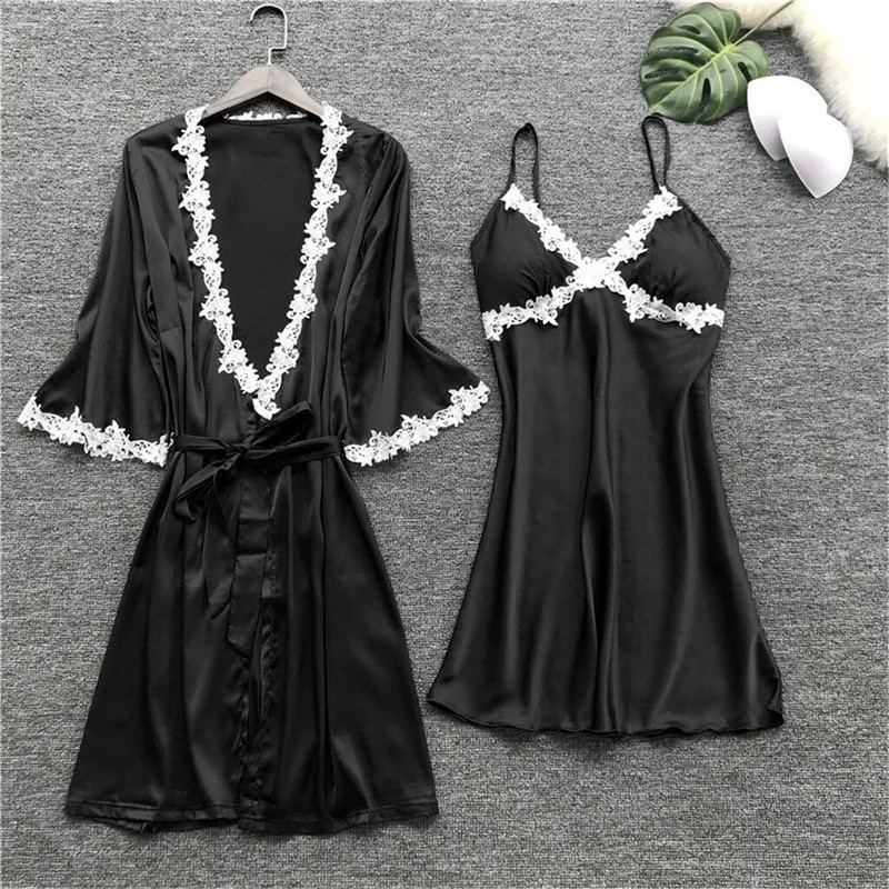 Moteriški chalatų rinkiniai Seksualūs satininiai šilko pižamos nėriniuoti naktiniai drabužiai Babydoll Sleepdress Plus Size Pižamos 5 dalių rinkiniai пижама женская