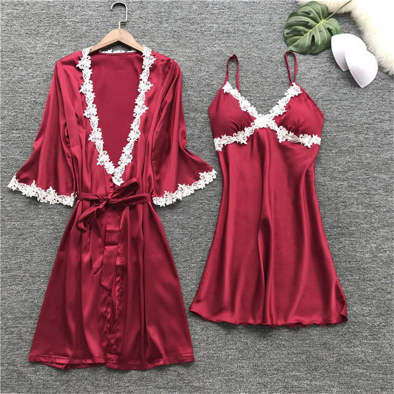 Moteriški chalatų rinkiniai Seksualūs satininiai šilko pižamos nėriniuoti naktiniai drabužiai Babydoll Sleepdress Plus Size Pižamos 5 dalių rinkiniai пижама женская