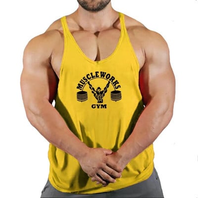 Gym Марково облекло Бодибилдинг Фитнес Мъже бягане танкове тренировка Muscle Works печат жилетка Стрингер спортно облекло долна тениска за бягане