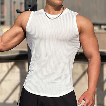 2023 нови фитнес мъжки райета фитнес зала Потник мъжки фитнес риза без ръкави Мъжка еластична спортна жилетка мъжка долна тениска Gyms train clothing
