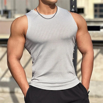 2023 νέο γυμναστήριο γυμναστικής ανδρικής ρίγες Ανδρικό μπλουζάκι γυμναστικής Αμάνικο πουκάμισο ανδρικό ελαστικό αθλητικό γιλέκο κάτω μπλούζα Γυμναστήρια ρούχα προπόνησης