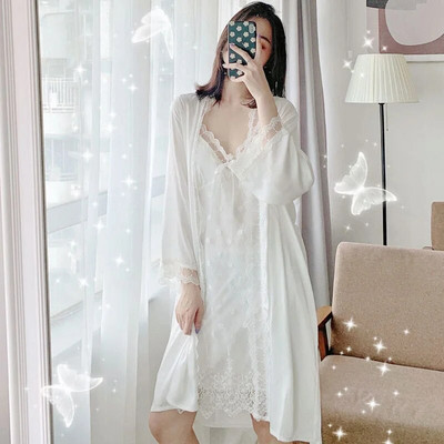 Seksuali suknelė Moteriškas naktinis marškinys Vasarinis plonas, plonas nėriniais pakabinamas naktinis dviejų dalių komplektas Prancūziška pižama suknelė su krūtinės ląstele Home