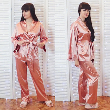 HiLoc Home Κοστούμι για Γυναικεία Sleepwear Loose Flare Παντελόνια Σετ Σατέν Ρόμπα με Τρία Τέταρτα Μανίκια Μπουρνούζι για το σπίτι Μόδα 2021
