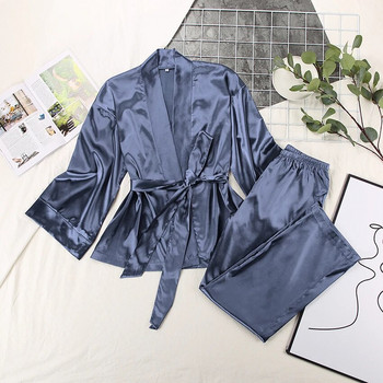 HiLoc Home Κοστούμι για Γυναικεία Sleepwear Loose Flare Παντελόνια Σετ Σατέν Ρόμπα με Τρία Τέταρτα Μανίκια Μπουρνούζι για το σπίτι Μόδα 2021