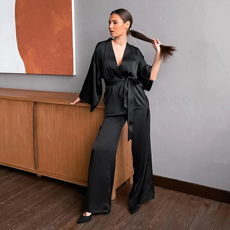 HiLoc koduülikond naistele magamisriided lahtised püksid, kolme neljandiku varrukatega, satiinist hommikumantli komplektid, hommikumantel kodukandmiseks Mood 2021