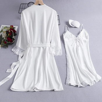 Νύφη Λευκό Σετ μπουρνούζι 2 τμχ Καλοκαιρινό δαντελένιο κοστούμι ρόμπα κιμονό Σέξι γυναικεία υπνοδωμάτια Νυχτικά Σαλόνια Σατέν Ρούχα σπιτιού