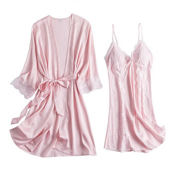 Булка Бяла рокля от 2 бр. Комплект летни дантелени халати с кимоно Секси дамски спално облекло Нощница Газон Сатенени домашни дрехи