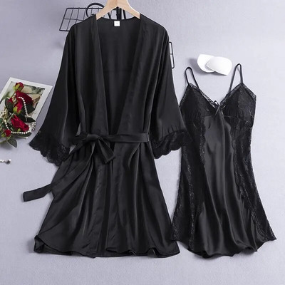 Νύφη Λευκό Σετ μπουρνούζι 2 τμχ Καλοκαιρινό δαντελένιο κοστούμι ρόμπα κιμονό Σέξι γυναικεία υπνοδωμάτια Νυχτικά Σαλόνια Σατέν Ρούχα σπιτιού